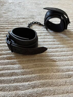 Black Leather Chain-Linked Wrist Cuffs